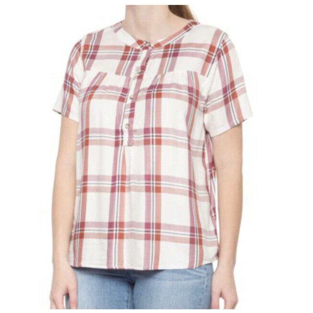 New C&C California Womans Large Blouse Top Plaid‎ Short Sleeve Button Red NWT